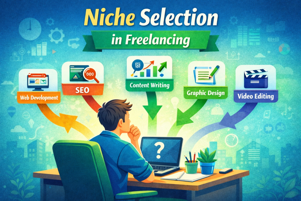 Niche selection: A young freelancer sitting at a desk with a laptop displaying a question mark, surrounded by colorful arrows pointing to different freelancing niches—Web Development, SEO, Content Writing, Graphic Design, and Video Editing.