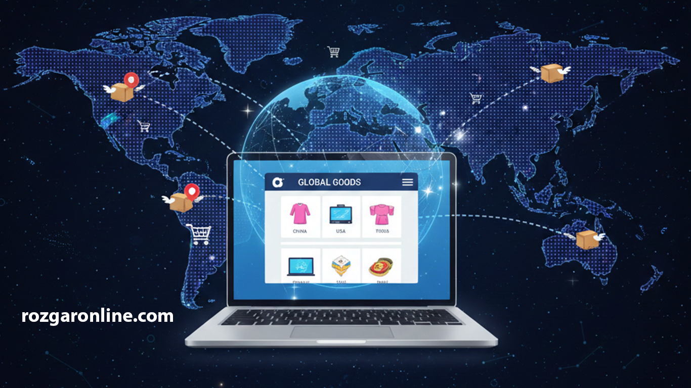 Global map showing e-commerce activity, with packages flying across continents.