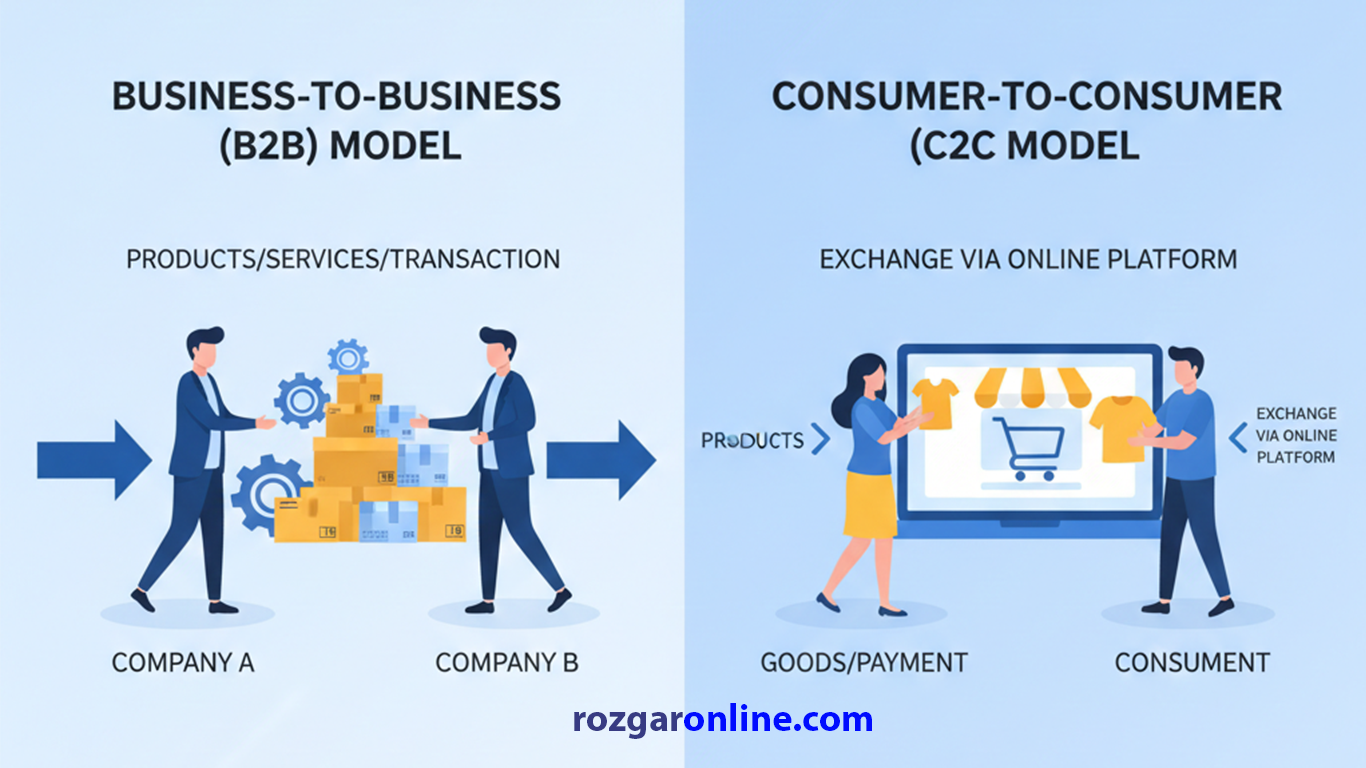 B2B and C2C e-commerce models with businesses exchanging goods and consumers trading between each other.