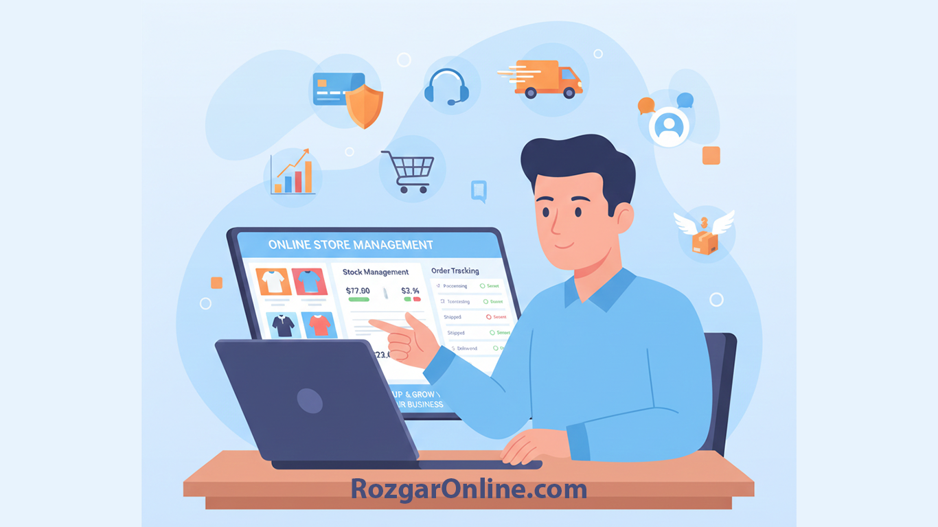 Business person setting up an online store with product listings and stock management.