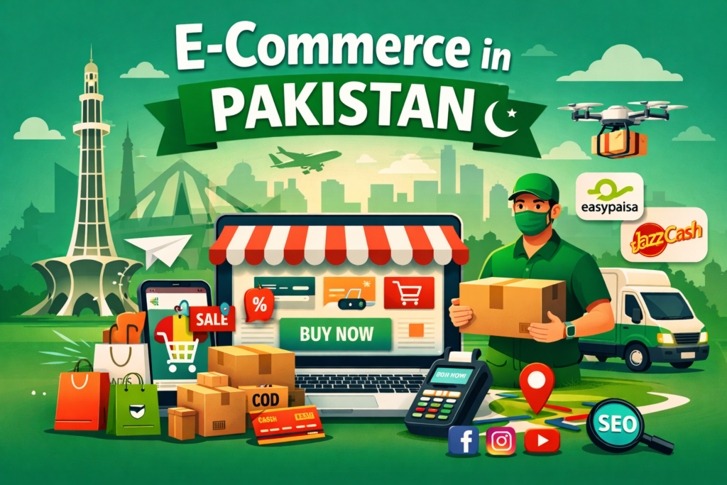 A digital illustration representing the e-commerce landscape in Pakistan, with key elements such as online shopping, delivery, payment methods, and digital marketing, set against a cityscape featuring iconic landmarks.