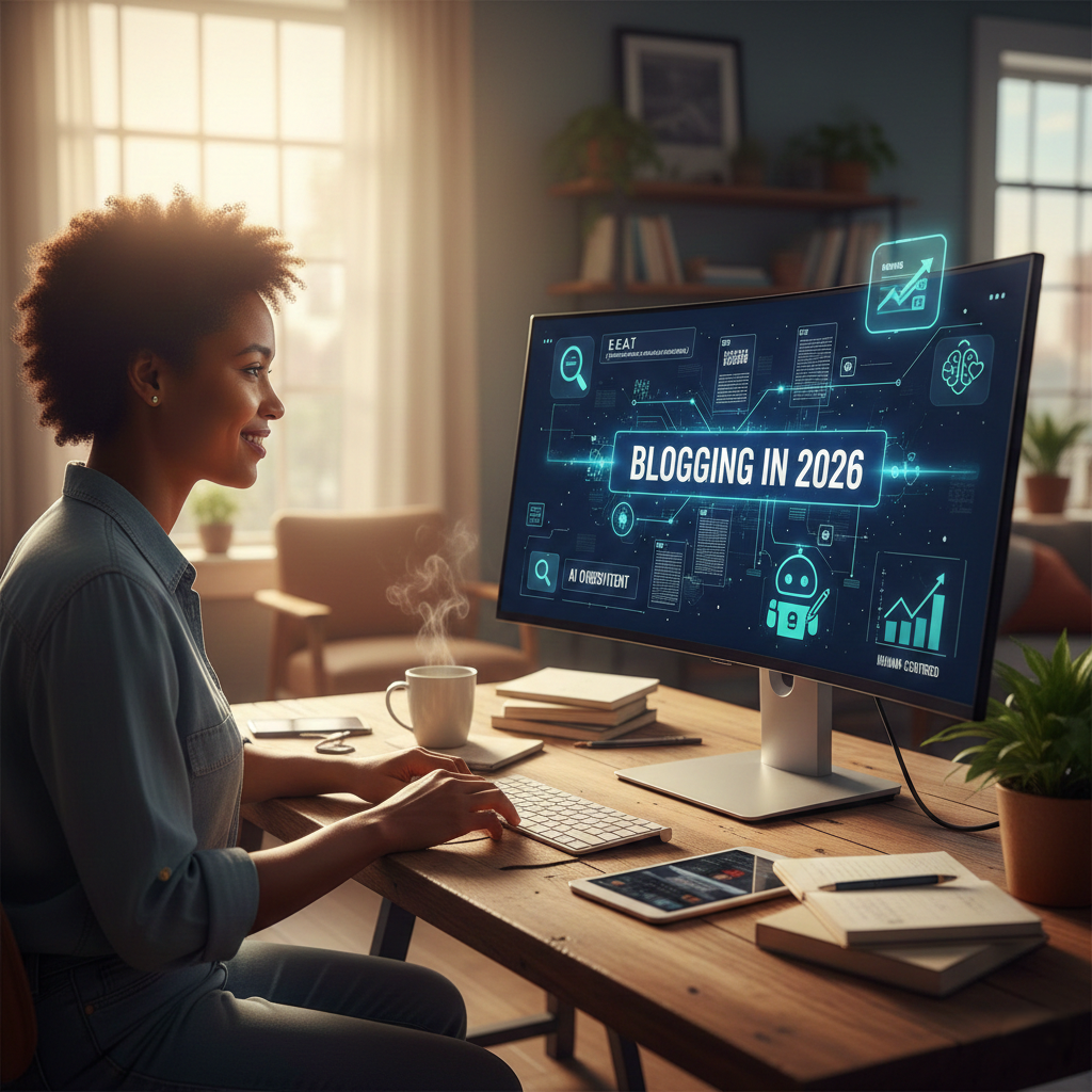 Modern blogger optimizing a website for 2026 SEO and human-centered content strategy.